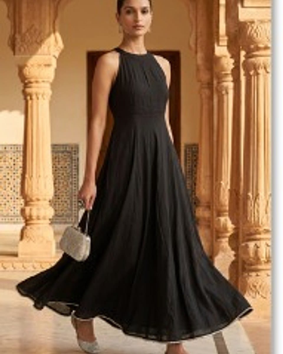 Navy kurta set on a model, back view