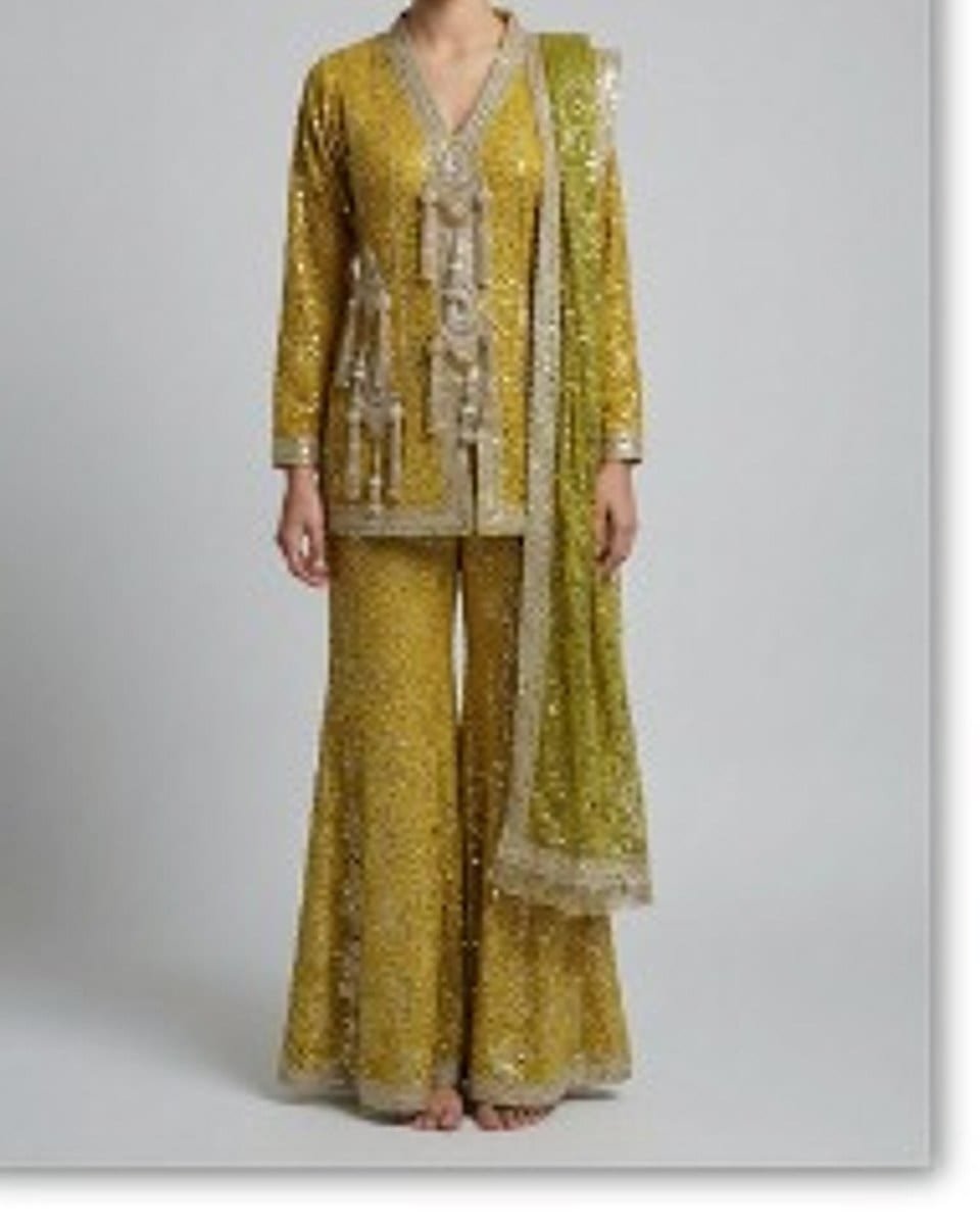 Ivory lehenga on a model, back view